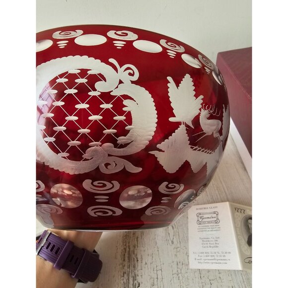 Egermann Red‎ Ruby bowl lazure Bohemian centerpiece deer scene building - Picture 5 of 10